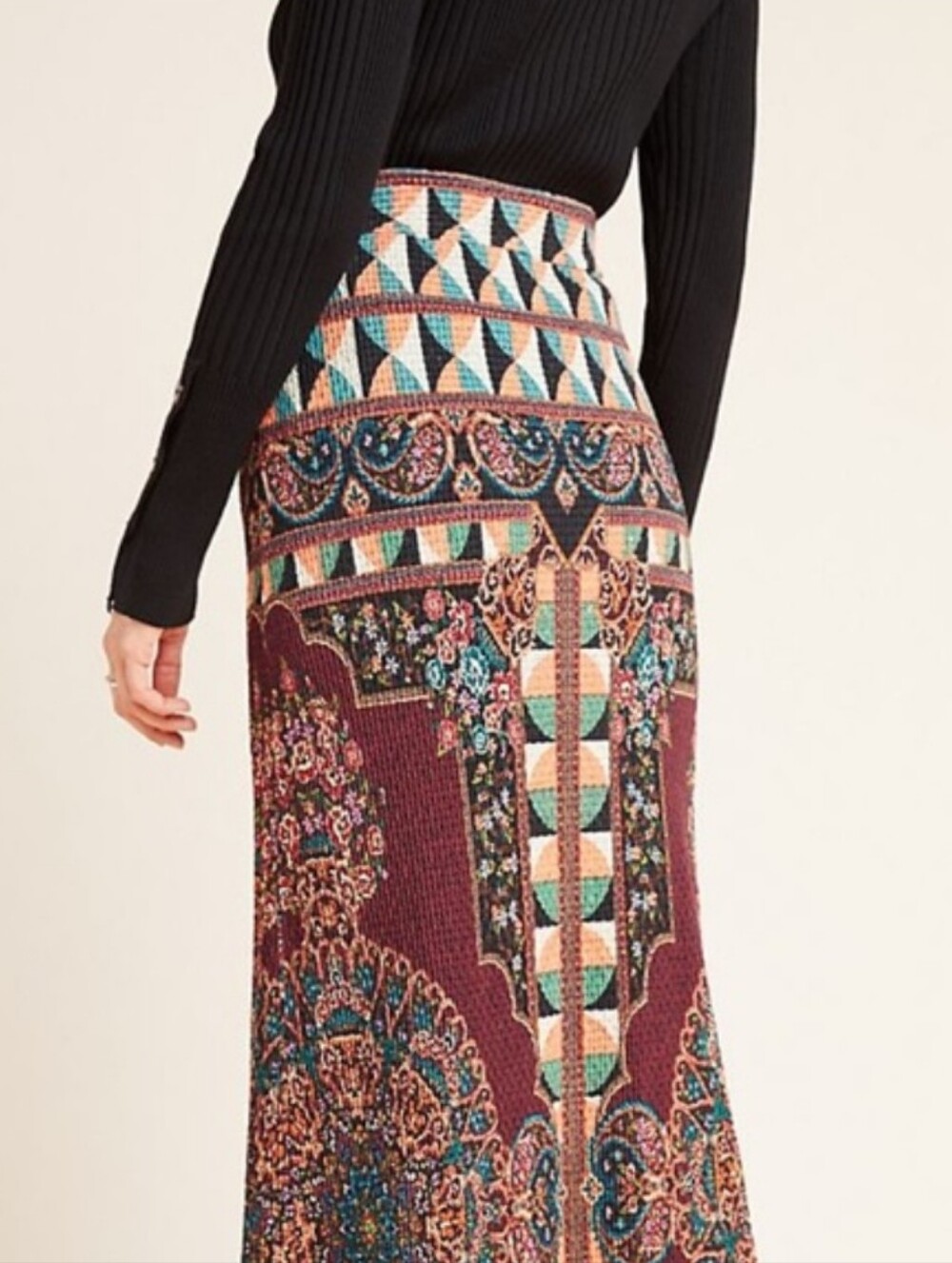 FARM Rio, Anthropologie Burgundy Multicolor Geometric Maxi Skirt - Picture 2 of 8